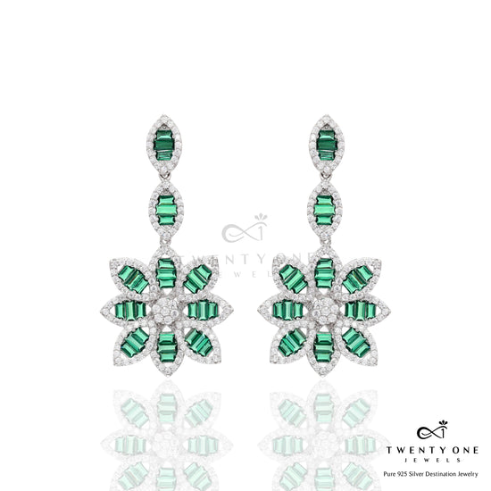 American Diamond Studded Green Emerald Baguette Aliyah Long Earrings on Pure 925 Silver.