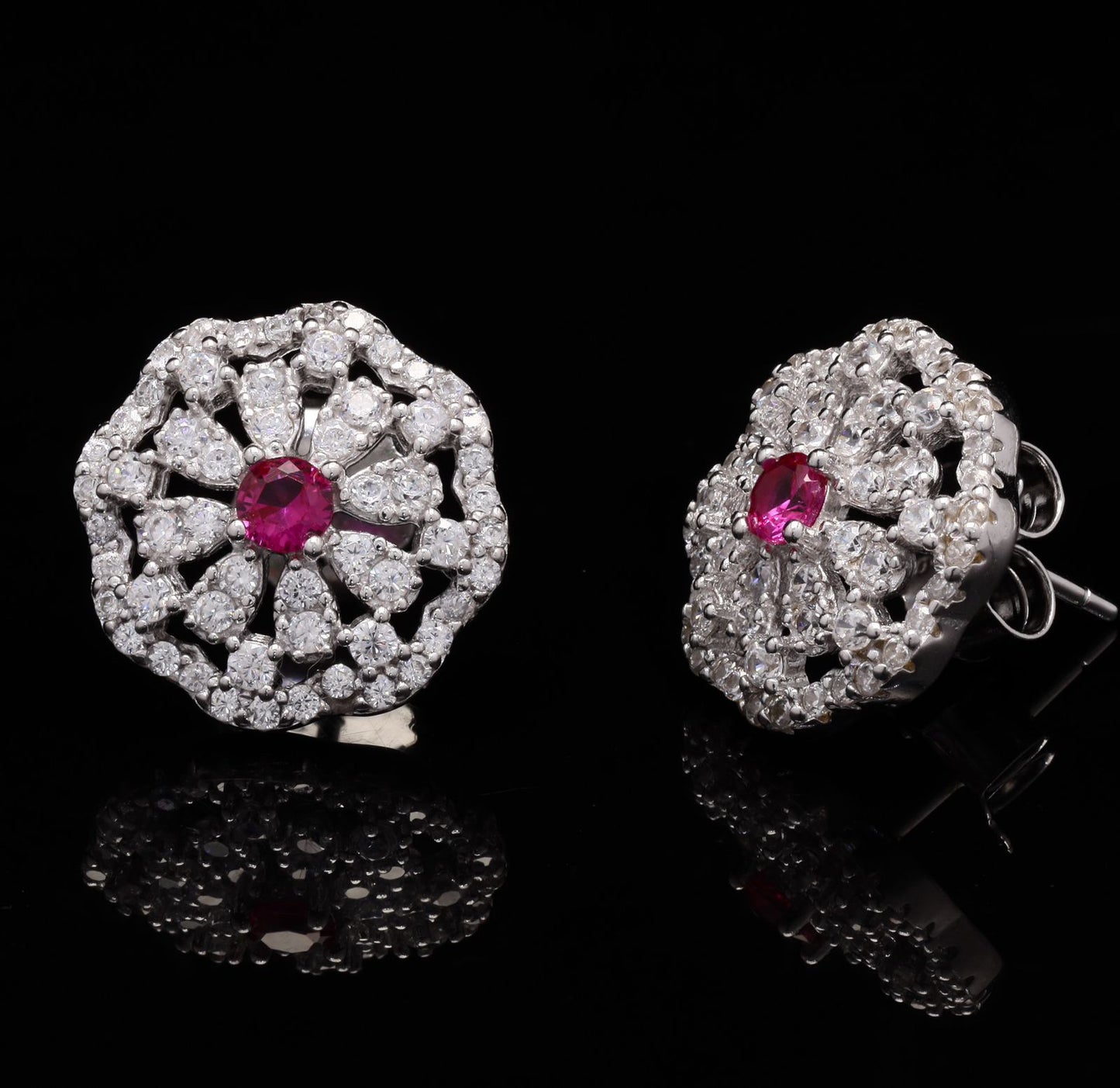 American Diamond Studded Molly Studs with Center Ruby on Pure 925 Silver