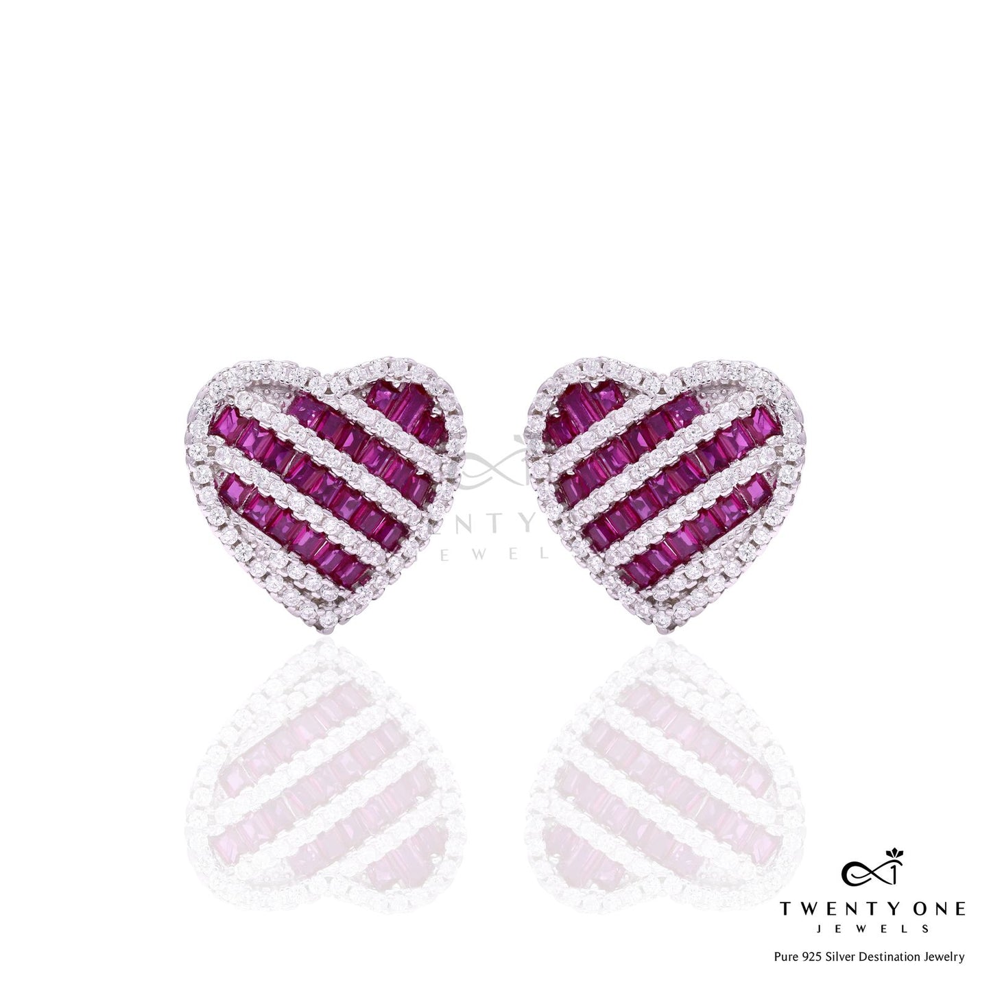 American Diamond and Ruby Studded Love Struck Heart Studs on Pure 925 Silver
