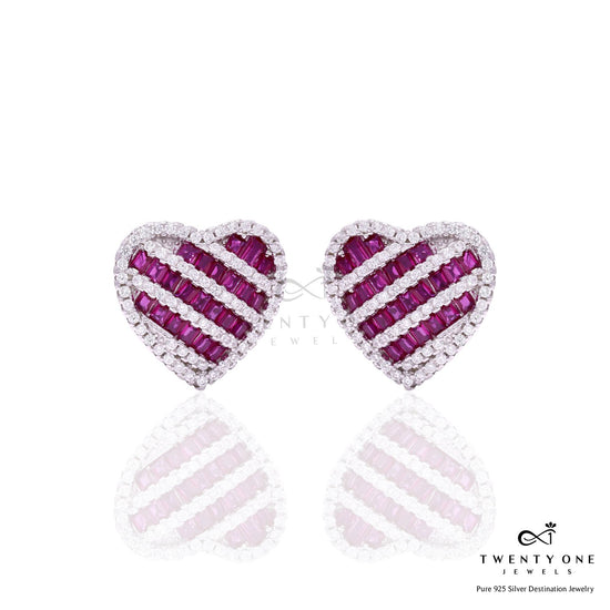 American Diamond and Ruby Studded Love Struck Heart Studs on Pure 925 Silver