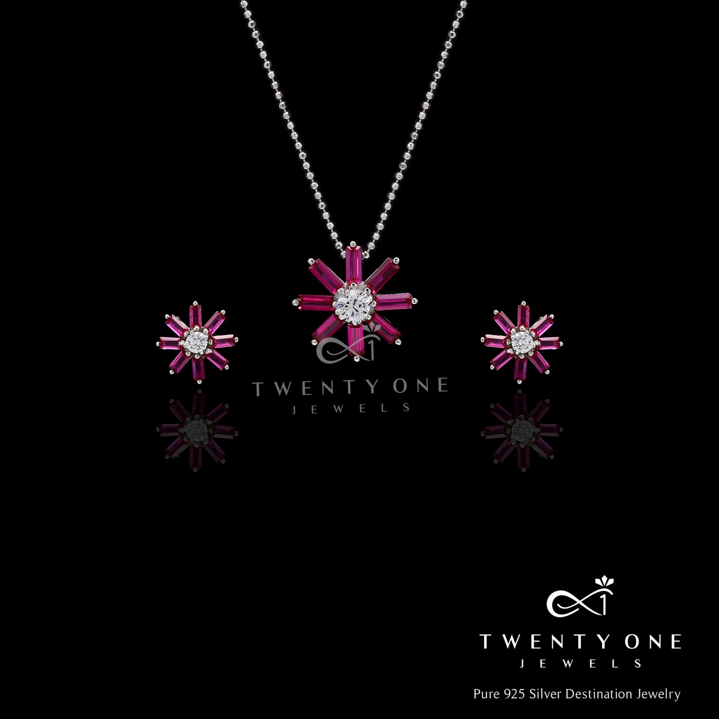 American Diamond with Ruby Baguette Sarah Pendant Set