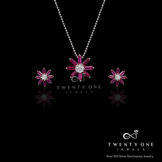 American Diamond with Ruby Baguette Sarah Pendant Set