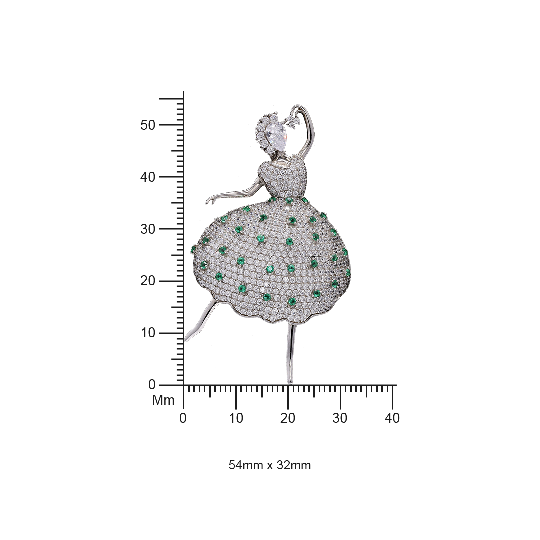 Ultra Premium American Diamond Micro Setting Dancing Doll Brooch in a Dress with Emerald Detailing on Pure 925 Silver