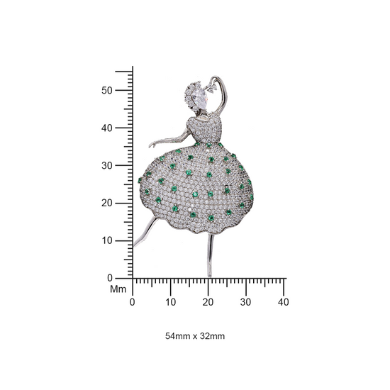 Ultra Premium American Diamond Micro Setting Dancing Doll Brooch in a Dress with Emerald Detailing on Pure 925 Silver