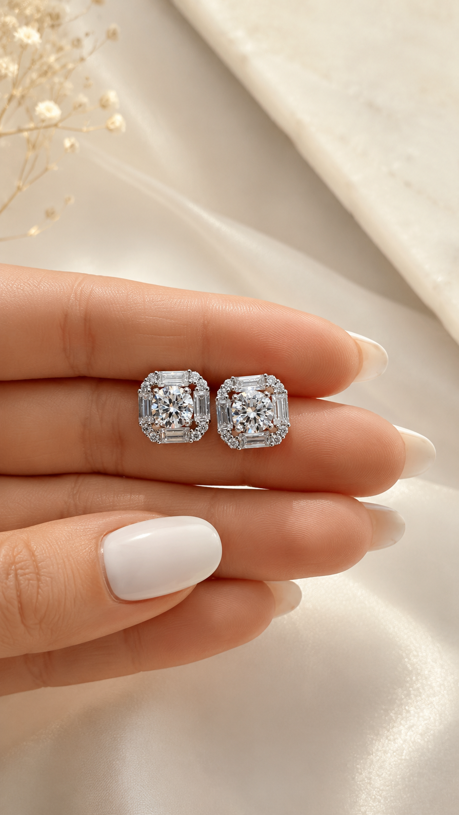Ultra Premium Solitaire Sarai Studs with Baguette Border and Light Weight Screw Backs on Pure 925 Silver | Twenty One Jewels