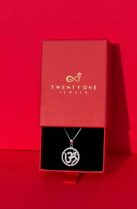 Om Pendant and Chain with Diamond Border on Pure 925 Silver
