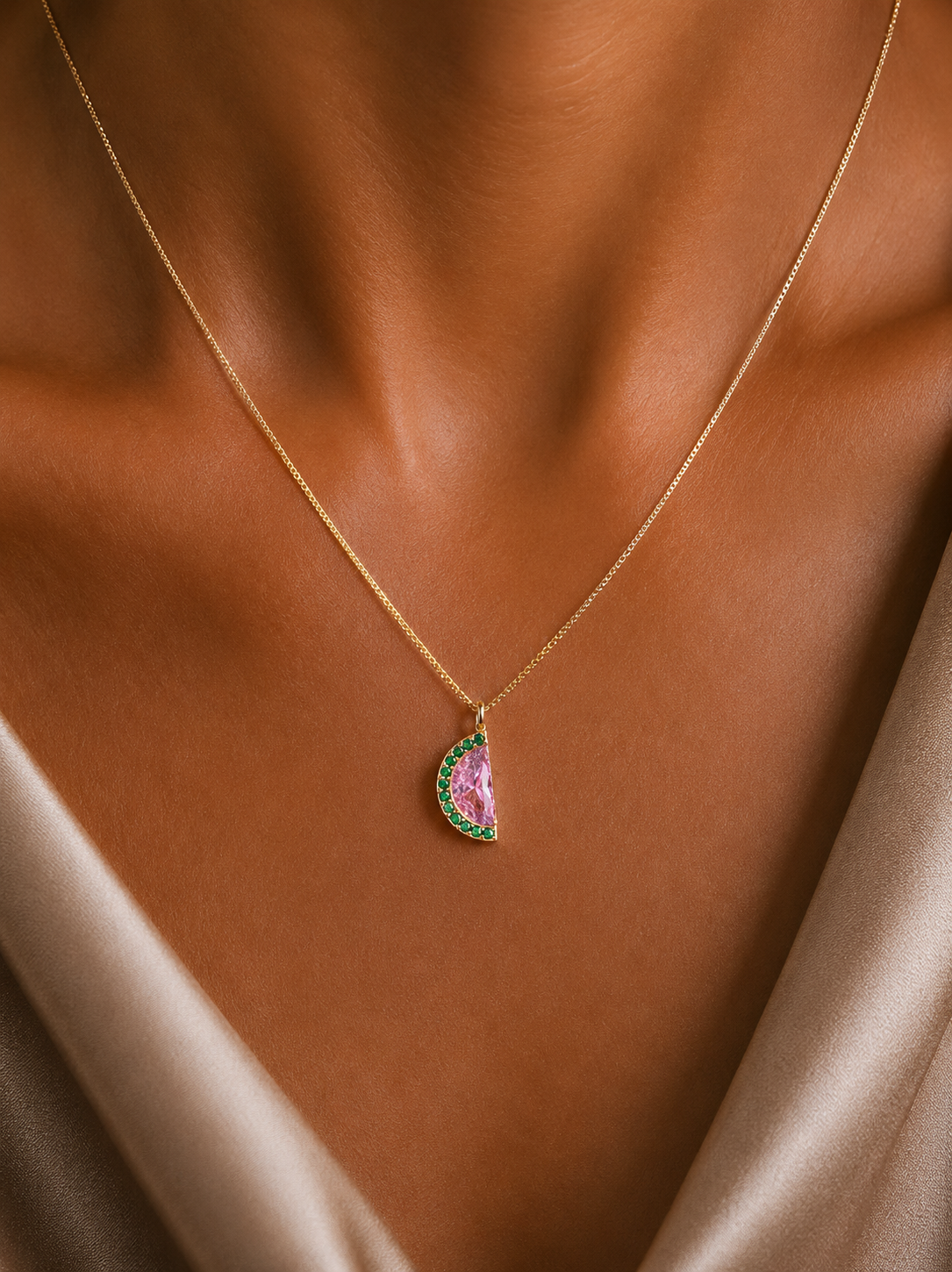 Gold Finish Pink Sapphire and Emerald Daira Pendant with Chain on Pure 925 Silver