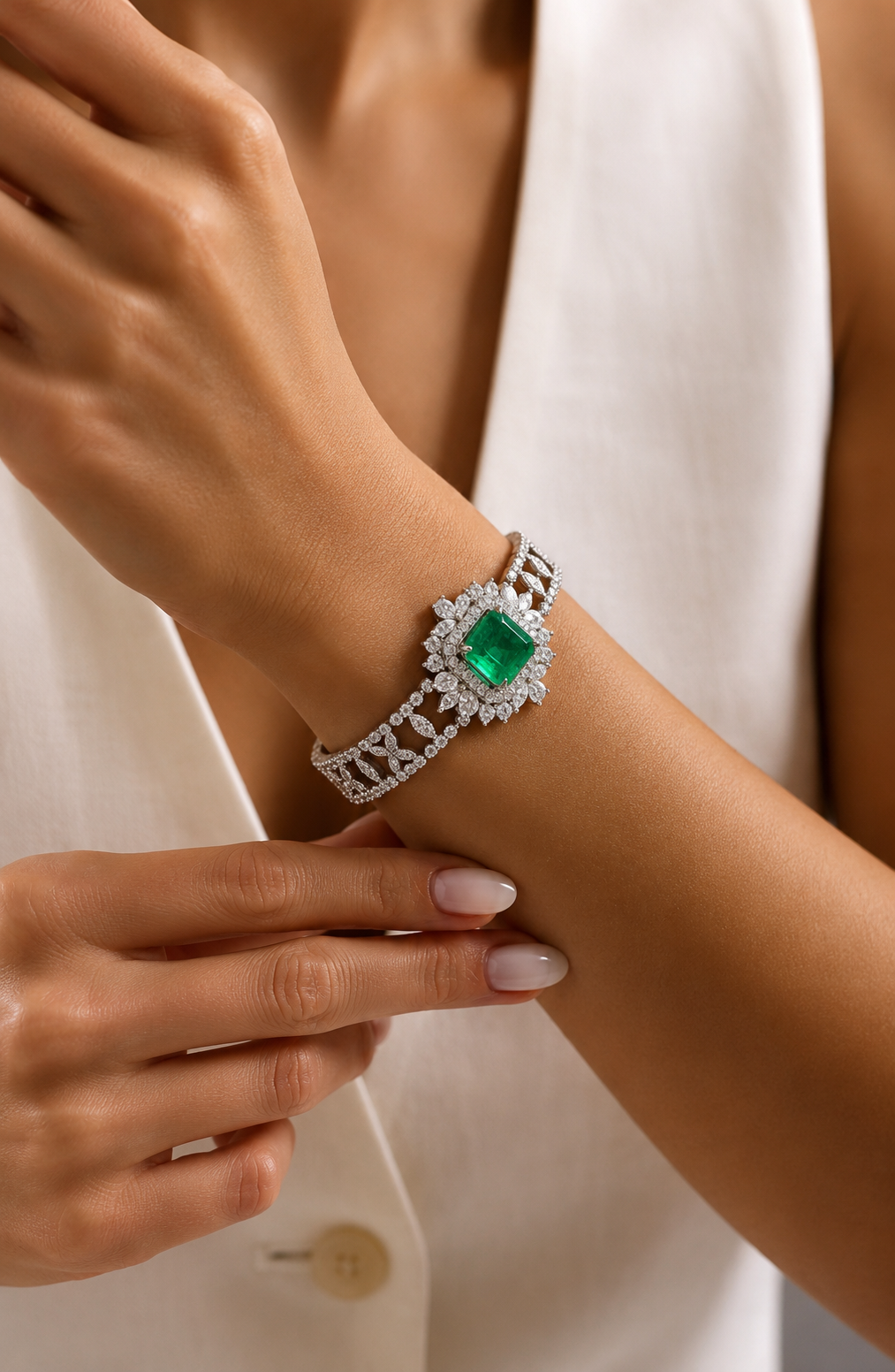 Premium Green Emerald and Diamond Nilofer Bracelet on Pure 925 Silver