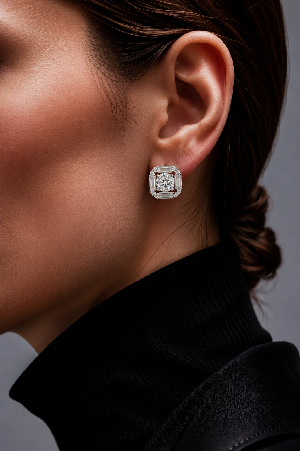 Ultra Premium Solitaire Sarai Studs with Baguette Border and Light Weight Screw Backs on Pure 925 Silver | Twenty One Jewels