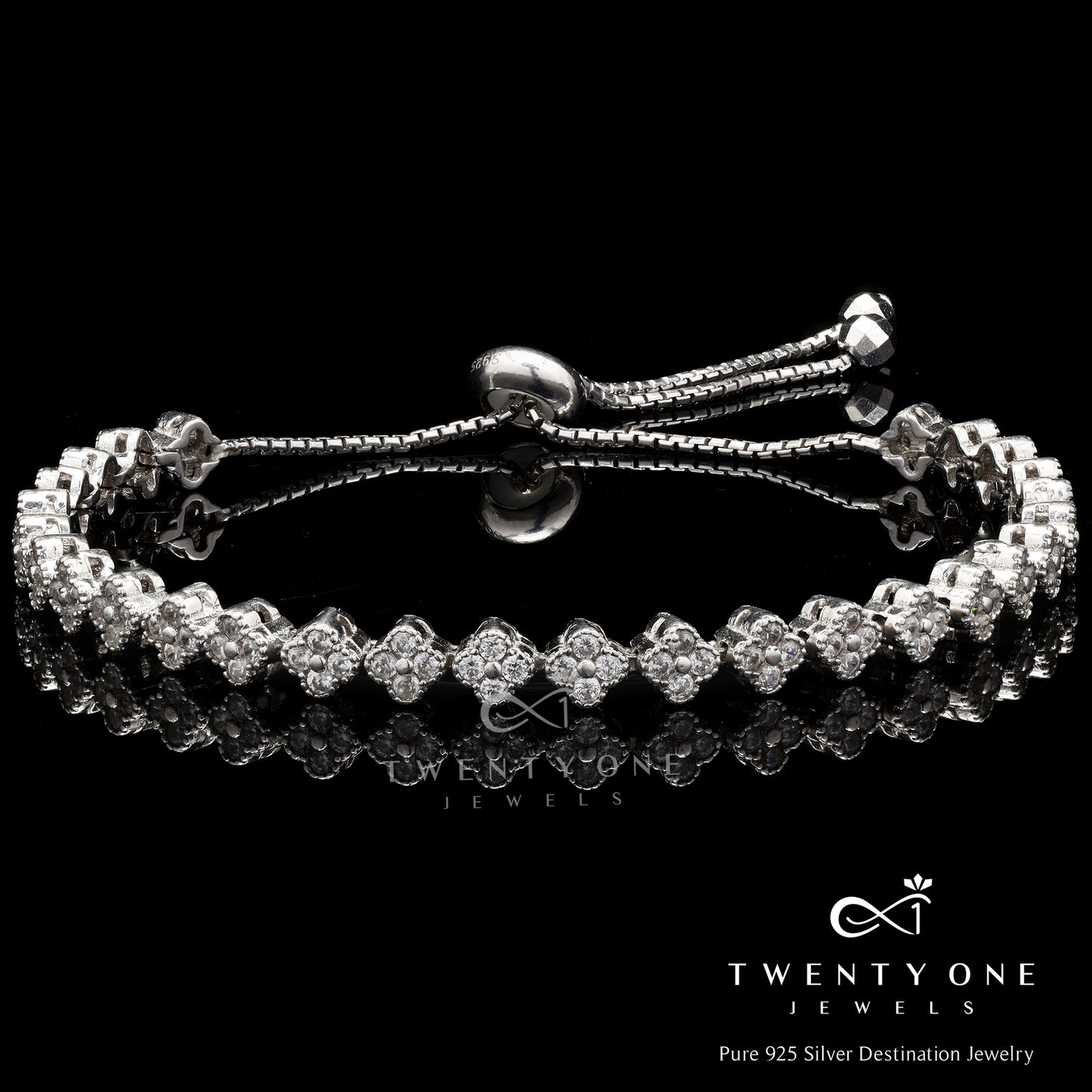 Clover Leaf American Diamond Studded Rosetta Adjustable Bracelet on Pure 925 Silver