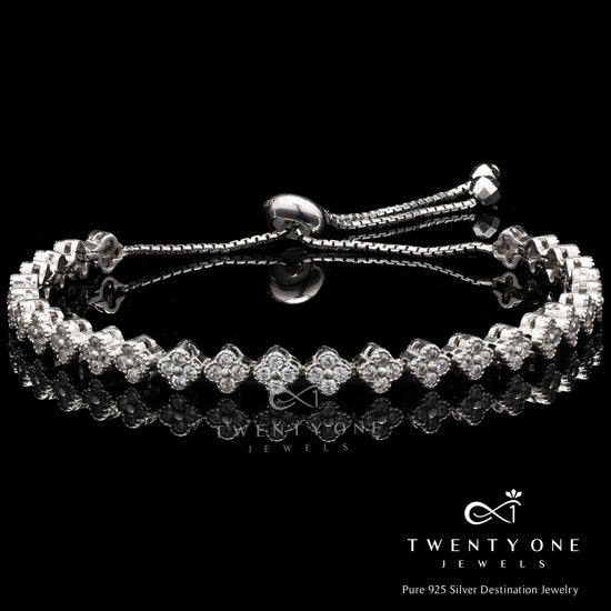 Clover Leaf American Diamond Studded Rosetta Adjustable Bracelet on Pure 925 Silver