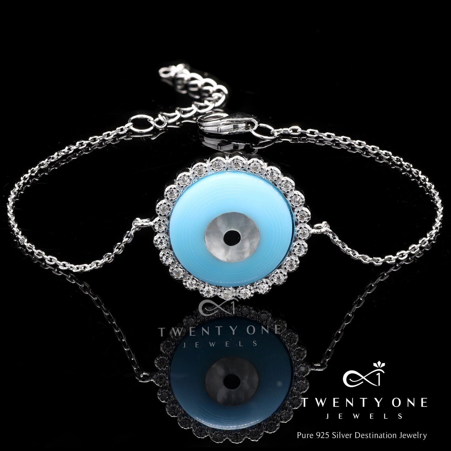 Twenty One Jewels Pure 925 Silver Evil Eye Rakhi Cum Bracelet for Brother ( Free Size with Extension Links )
