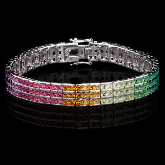 Ultra Premium 3 Line Sugar Loaf Ombre Rainbow Tennis Bracelet on Pure 925 Silver