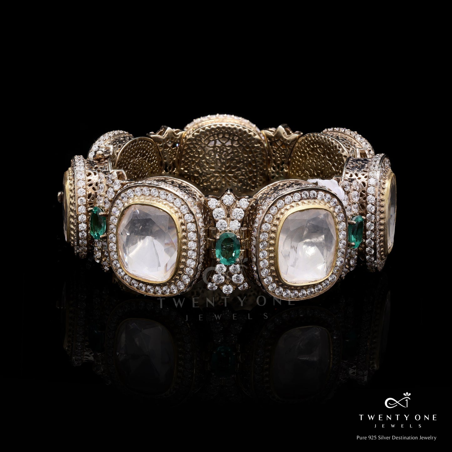 Antique Victoria Finish Moissanite Polki Traditional Kada Bracelet on Pure 925 Silver