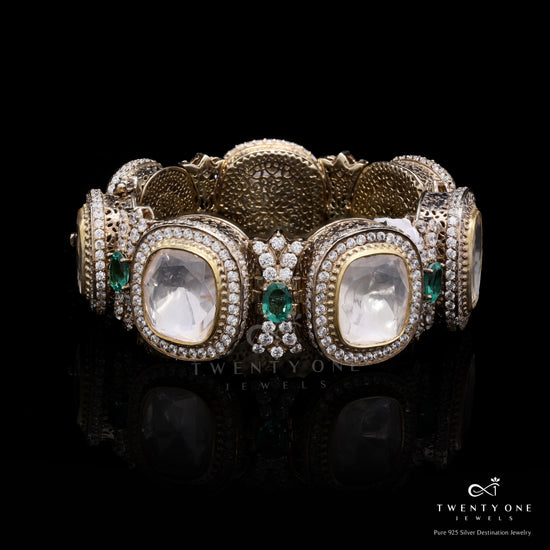 Antique Victoria Finish Moissanite Polki Traditional Kada Bracelet on Pure 925 Silver