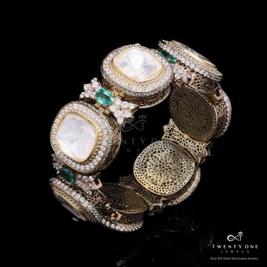 Antique Victoria Finish Moissanite Polki Traditional Kada Bracelet on Pure 925 Silver