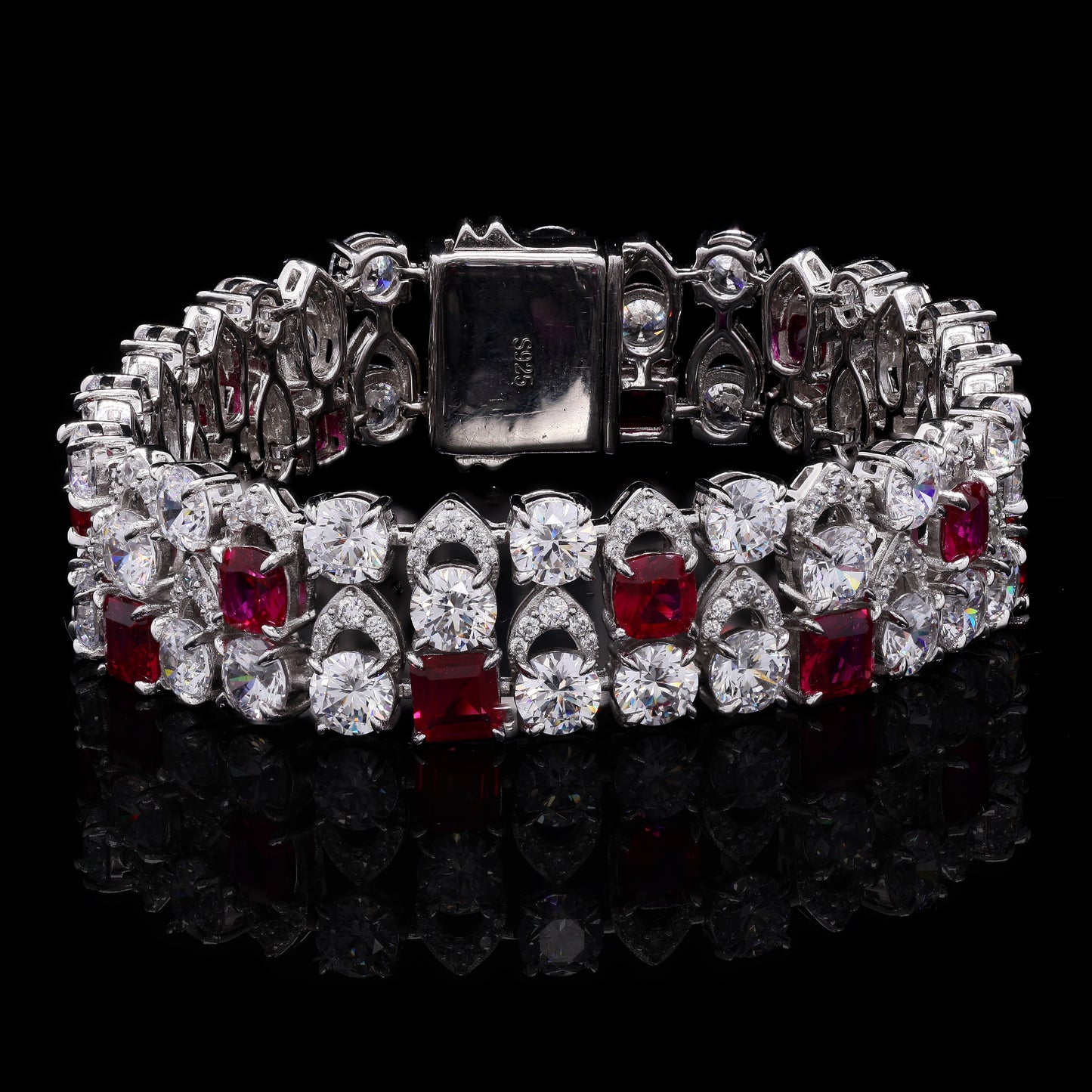 Ultra Premium Chunky Princess Cut Ruby Tennis Bracelet with 50 Pointer Round Cut Solitaires on Pure 925 Silver