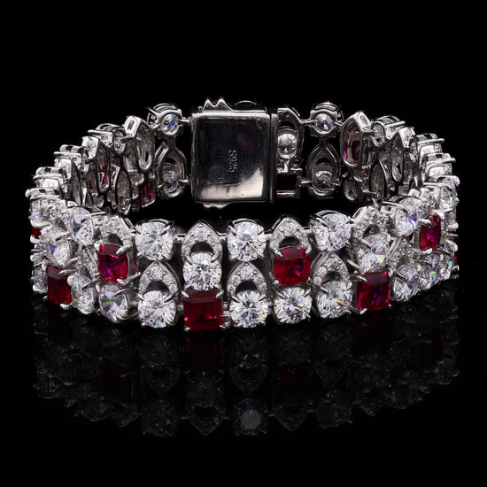 Ultra Premium Chunky Princess Cut Ruby Tennis Bracelet with 50 Pointer Round Cut Solitaires on Pure 925 Silver