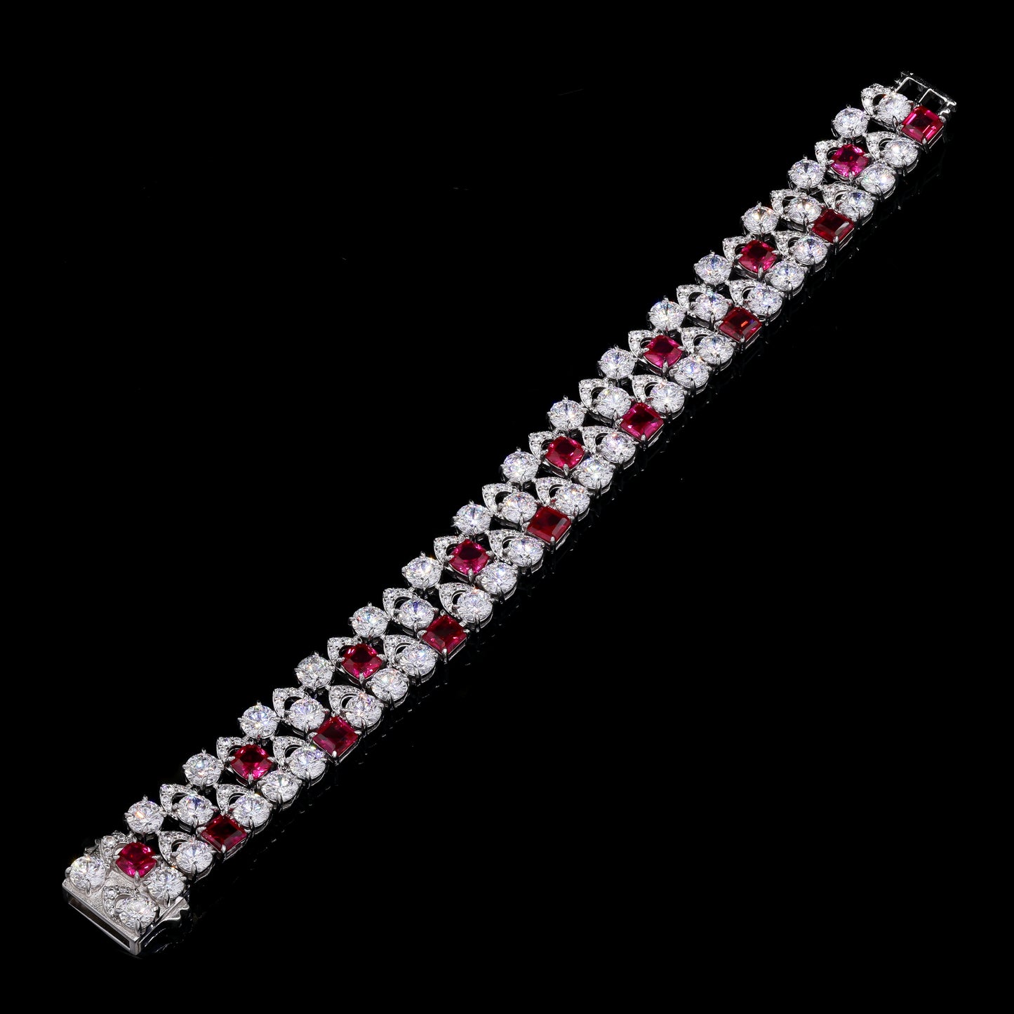 Ultra Premium Chunky Princess Cut Ruby Tennis Bracelet with 50 Pointer Round Cut Solitaires on Pure 925 Silver