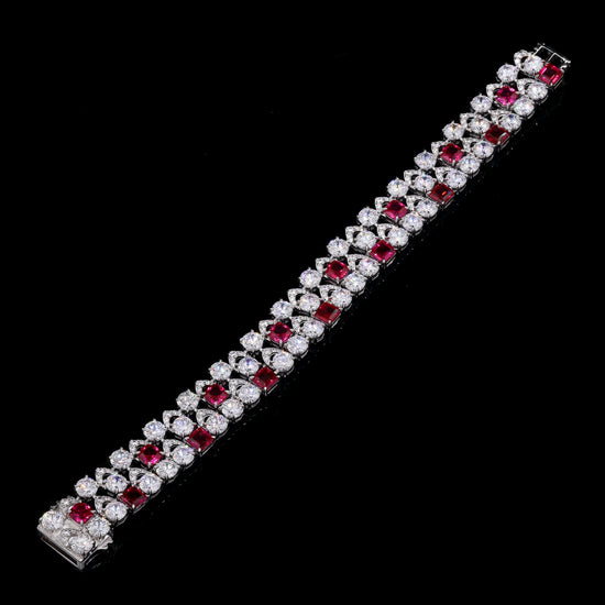 Ultra Premium Chunky Princess Cut Ruby Tennis Bracelet with 50 Pointer Round Cut Solitaires on Pure 925 Silver