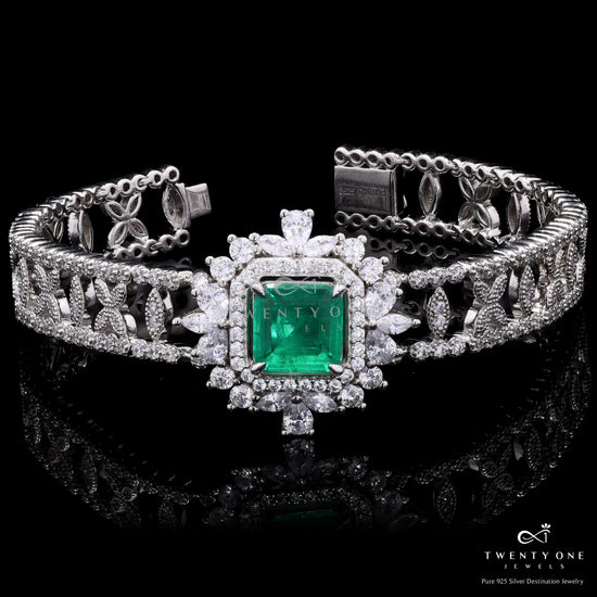 Premium Green Emerald and Diamond Nilofer Bracelet on Pure 925 Silver