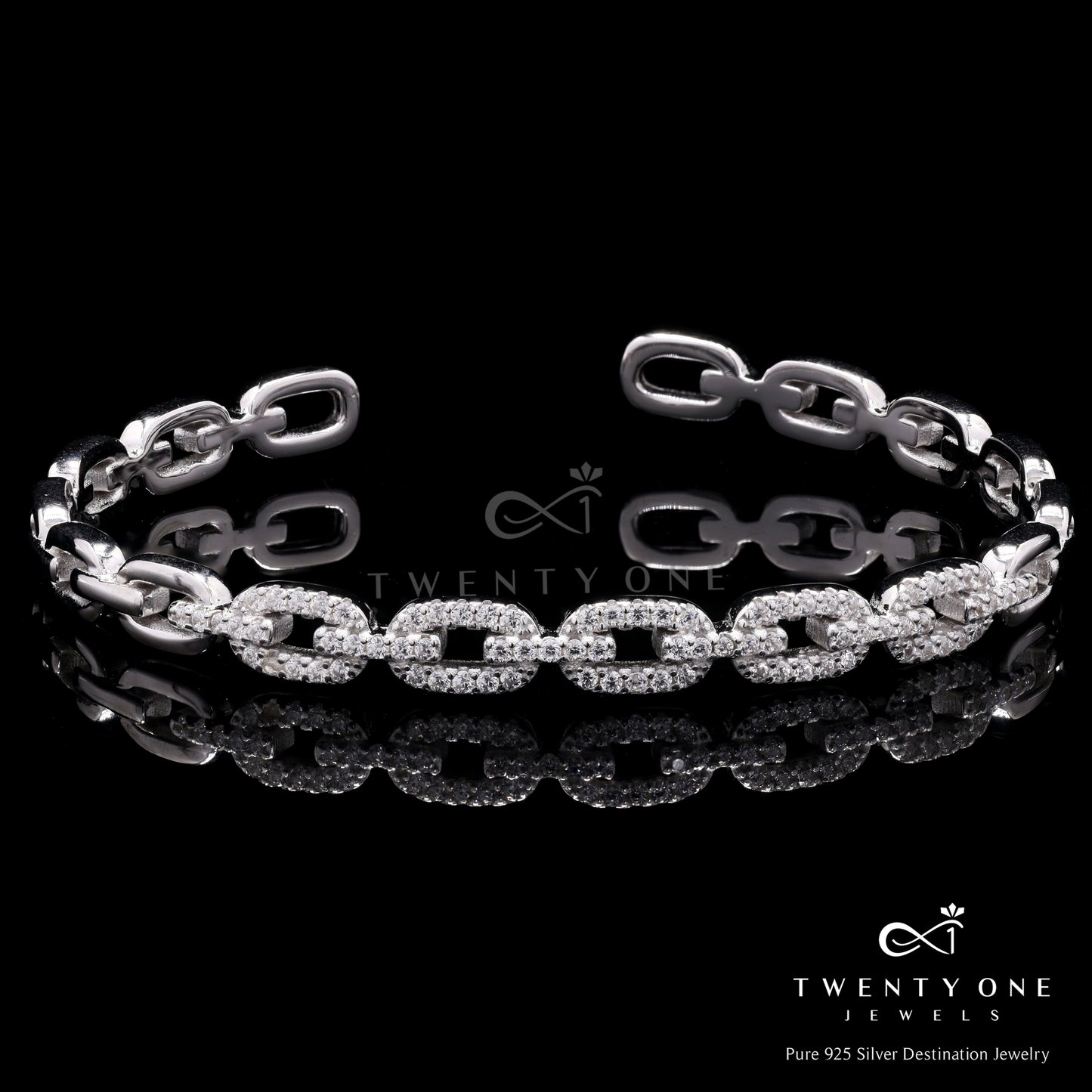 Classic Adjustable American Diamond Studded Link Havovy Bracelet on Pure 925 Silver