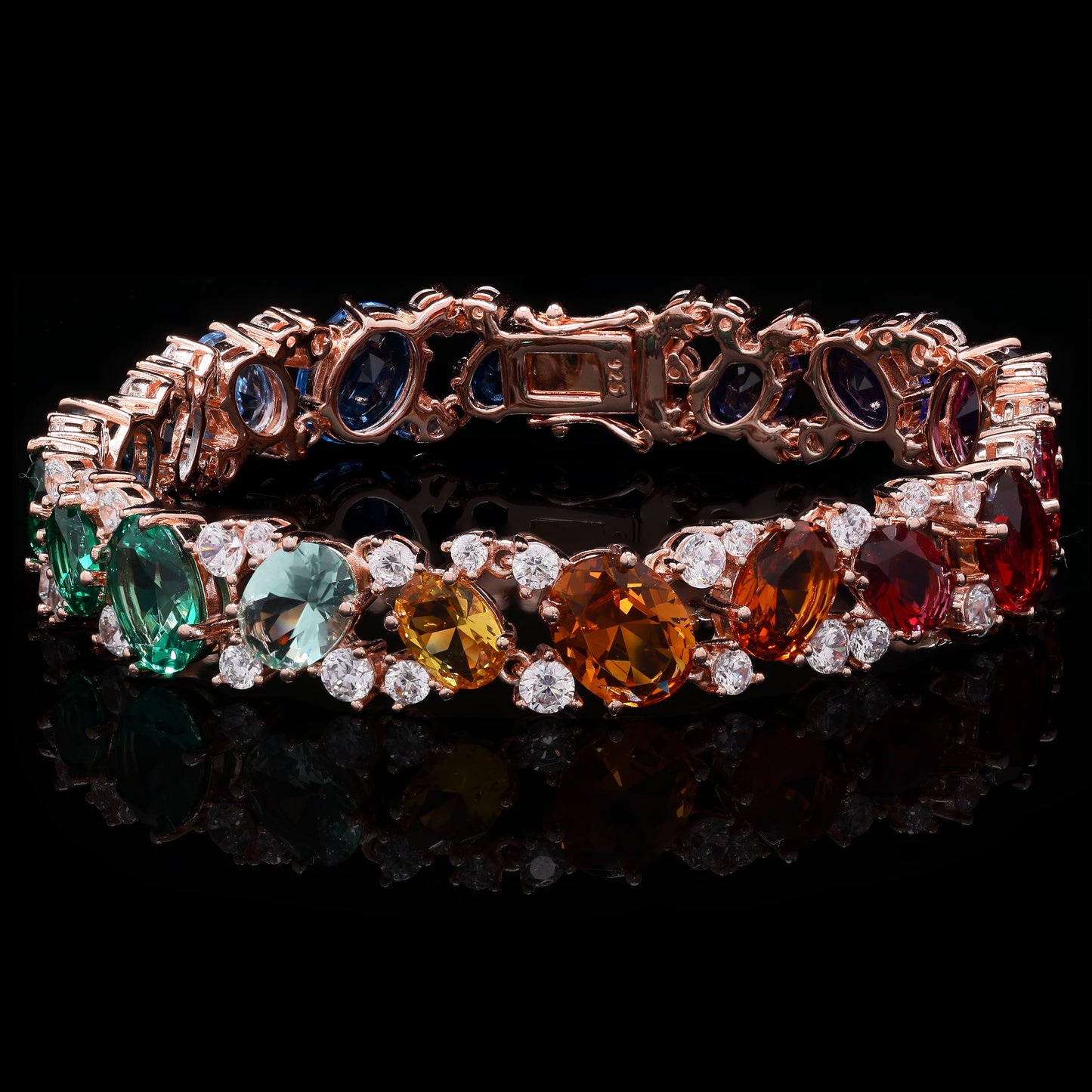 Ultra Premium Oval Cut Solitaire Rainbow Tennis Bracelet on Pure 925 Silver