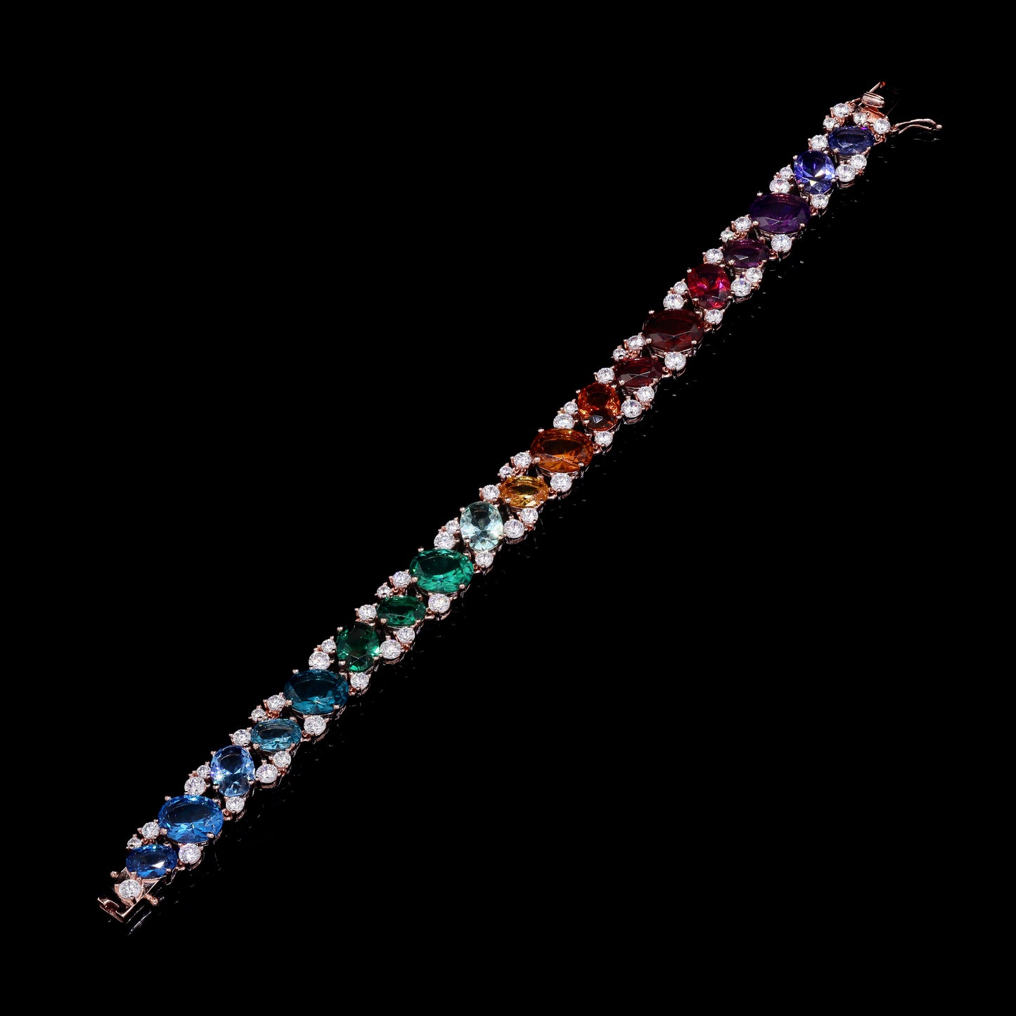 Ultra Premium Oval Cut Solitaire Rainbow Tennis Bracelet on Pure 925 Silver