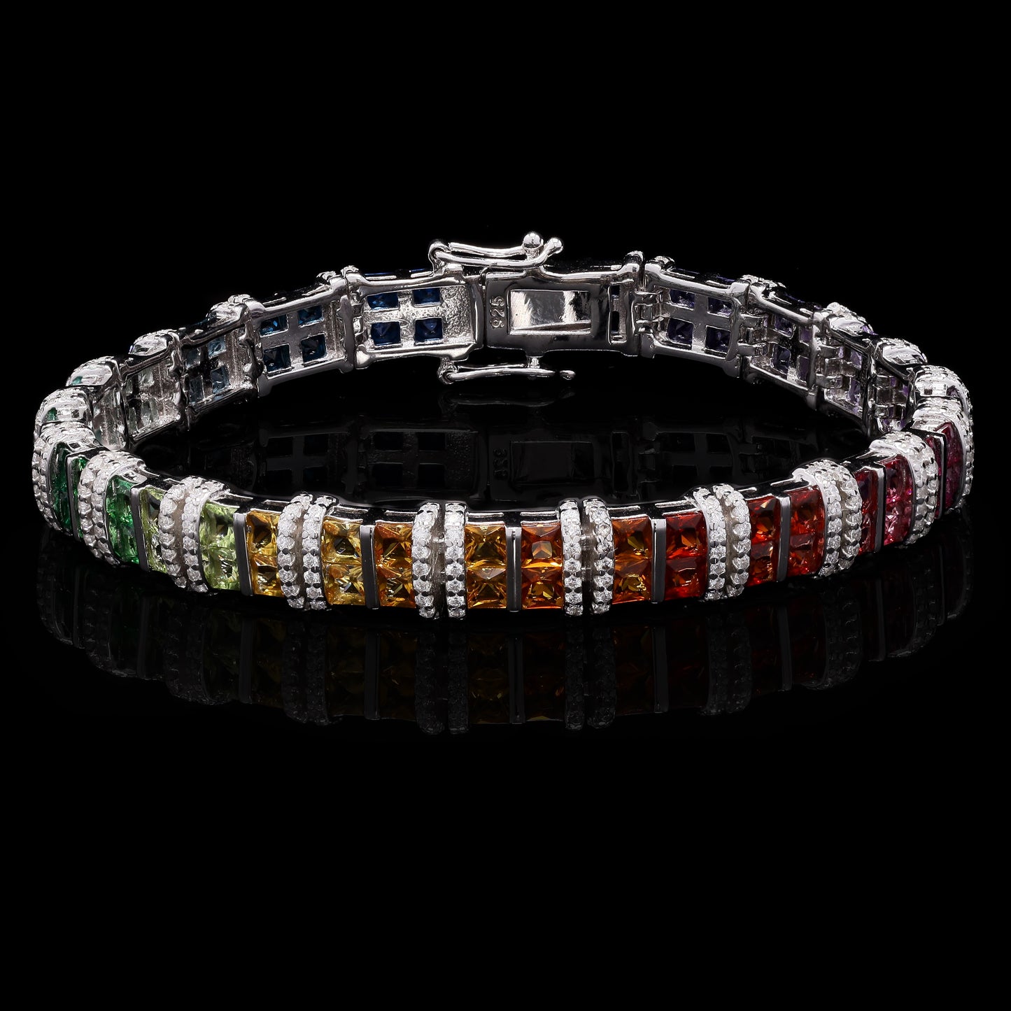 Ultra Premium Sugar Loaf Rainbow Tennis Bracelet on Pure 925 Silver