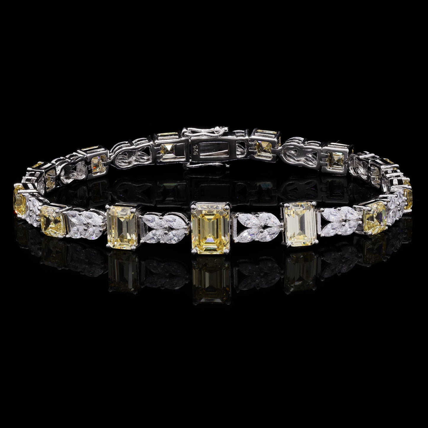 Ultra Premium Yellow Diamond Emerald Cut Solitaire Tennis Bracelet with Marquises on Pure 925 Silver