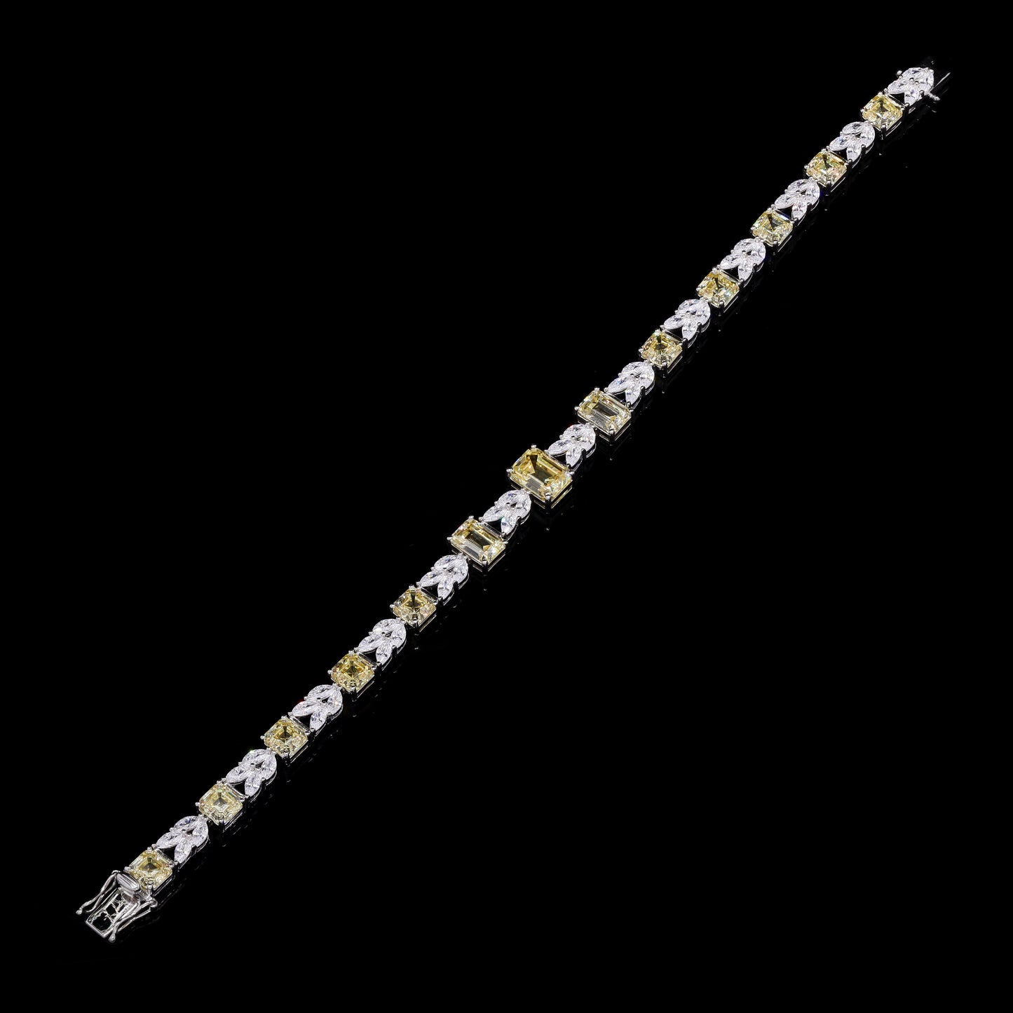 Ultra Premium Yellow Diamond Emerald Cut Solitaire Tennis Bracelet with Marquises on Pure 925 Silver