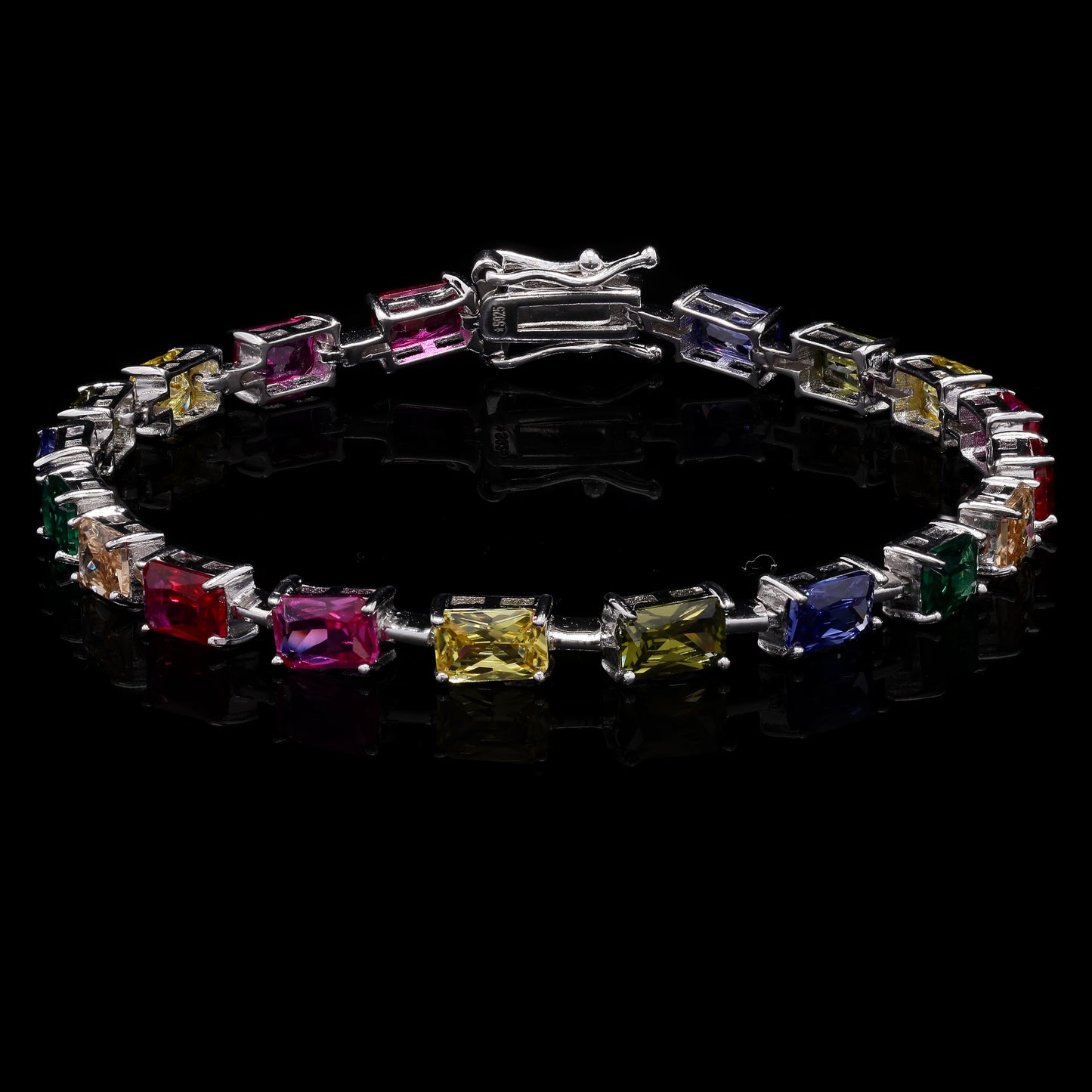 Ultra Premium Emerald Cut Solitaire Rainbow Tennis Bracelet on Pure 925 Silver