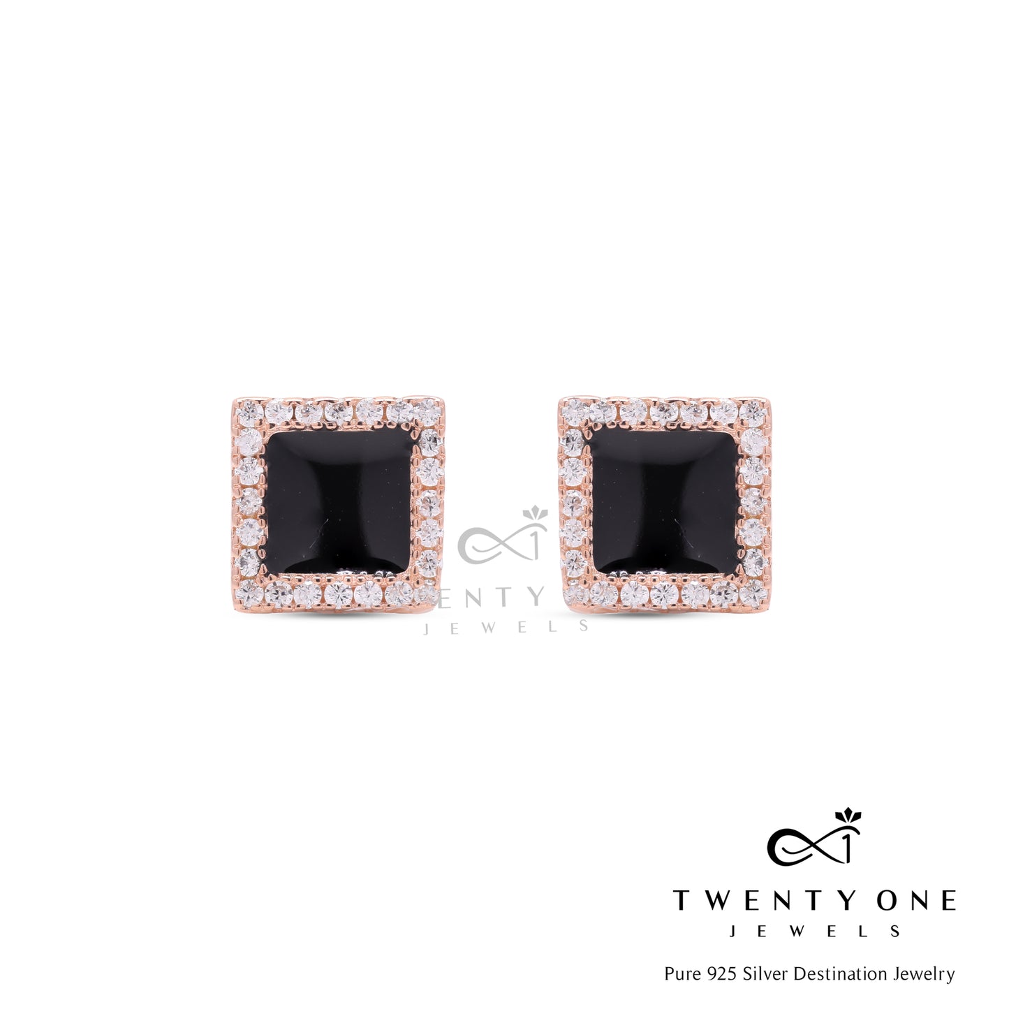 Black Enamel and American Diamond Auris Rose Gold Finish Studs On Pure 925 Silver