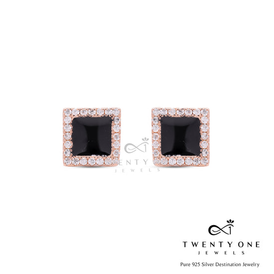Black Enamel and American Diamond Auris Rose Gold Finish Studs On Pure 925 Silver