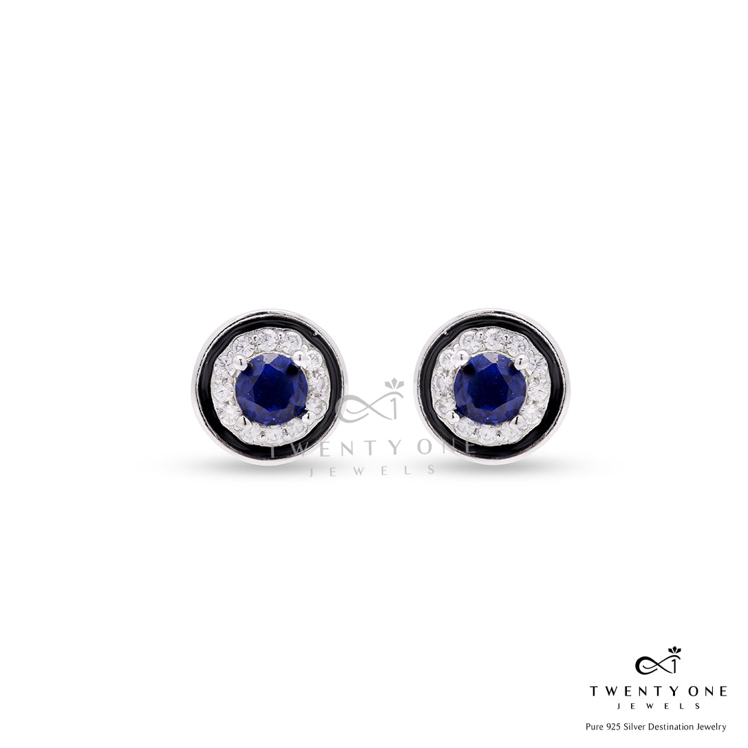 Blue Diamond and Black Enamel Evil Eye Studs on Pure 925 Silver