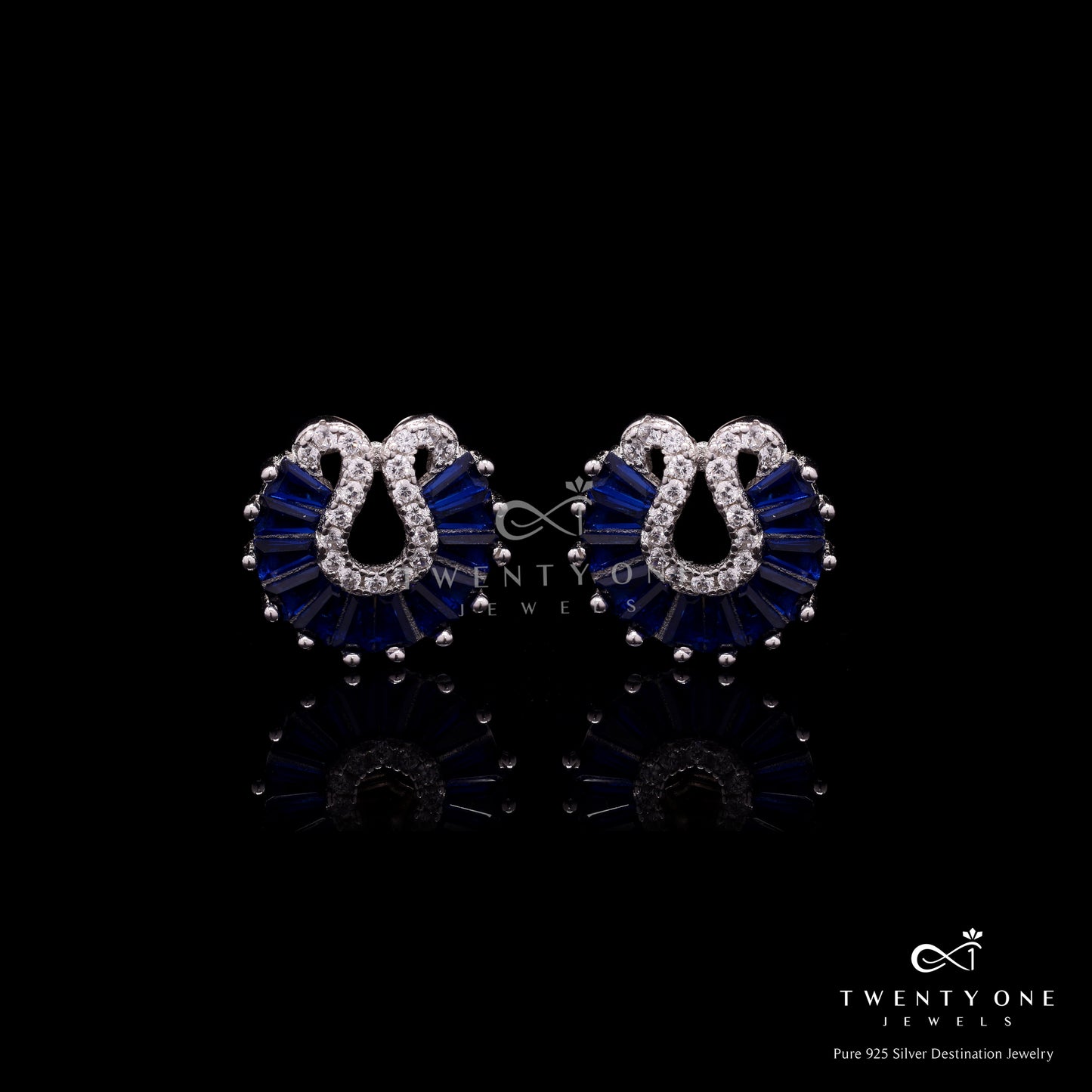 Blue Sapphire Baguette Peacock Studs on Pure 925 Silver.