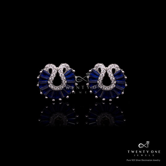 Blue Sapphire Baguette Peacock Studs on Pure 925 Silver.