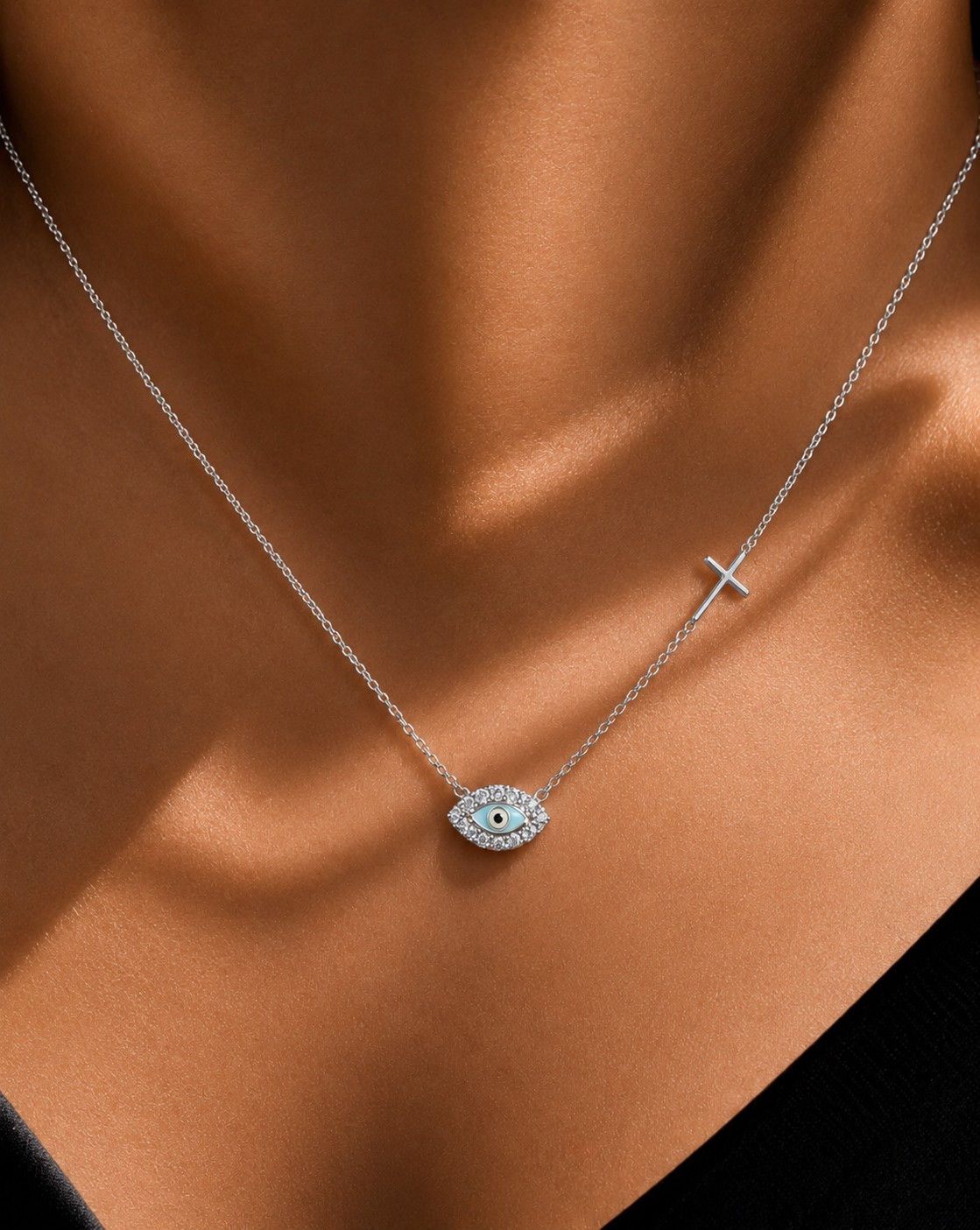 American Diamond Studded Gianna Evil Eye with Cross Pendant with Chain on Pure 925 Silver