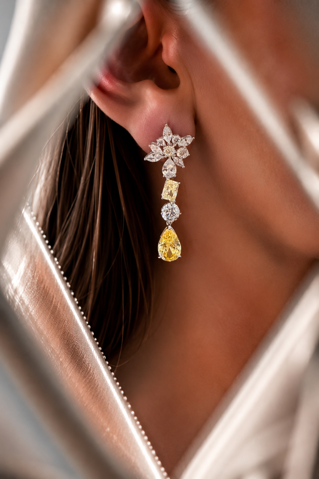 Ultra Premium Multi Shape Yellow and White Diamond Solitaire Dangler Earrings on Pure 925 Silver