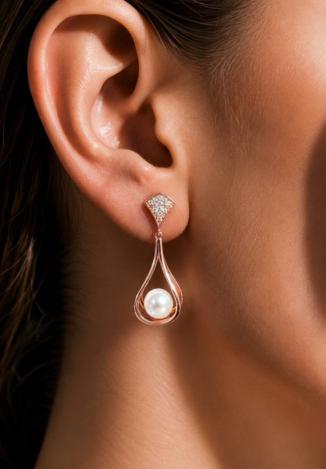 Rose Gold Finish Pearl Pavillion Danglers on Pure 925 Silver