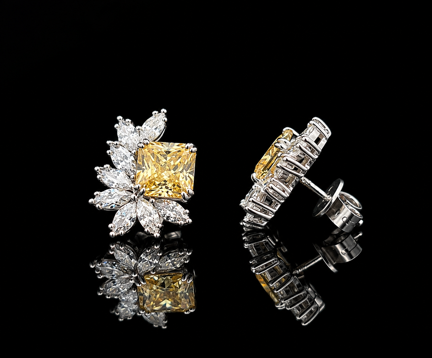 Ultra Premium Pure Silver 2.5 Carat Yellow Cushion Cut Solitaire Cocktail Studs with Marquise Diamond Clusters