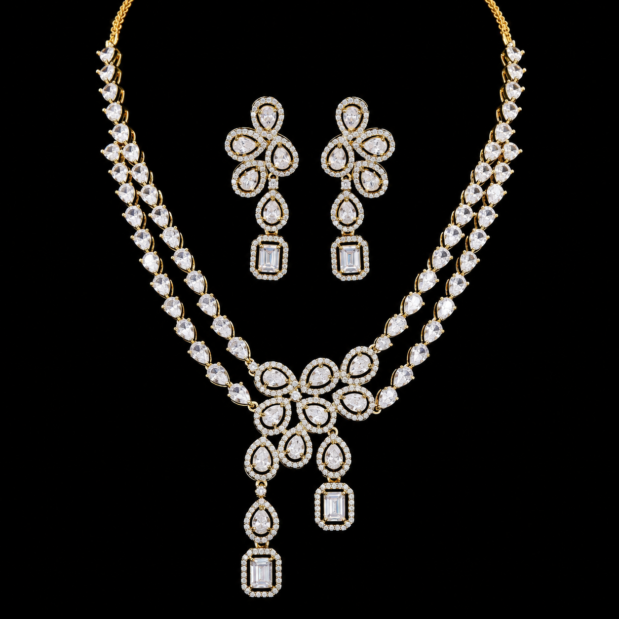 TOJ Everyday - Gold Finish Samara  Premium Dual Solitaire Statement Necklace Set