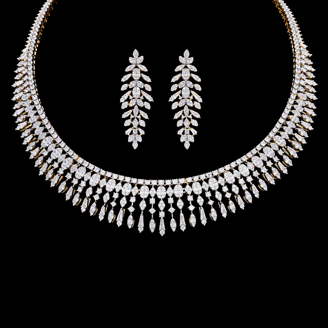 TOJ Everyday - Premium Solitaire Pointer and Octa Setting Yuvi Gold Finish Bridal Necklace Set with Earrings