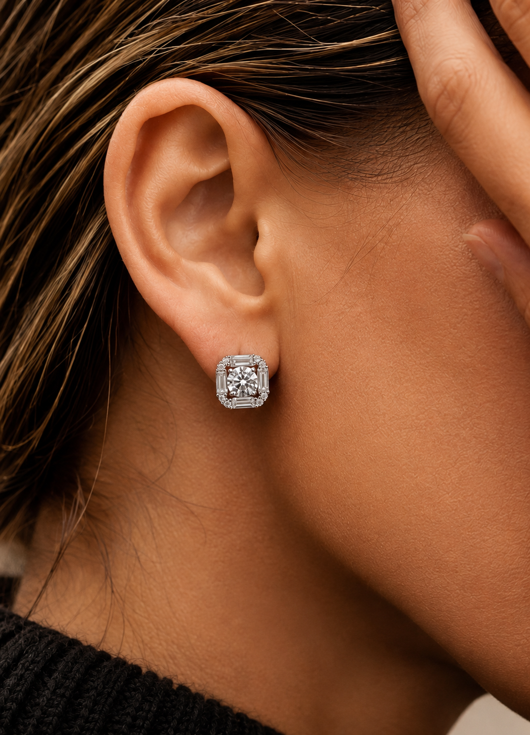 Ultra Premium Solitaire Sarai Studs with Baguette Border and Light Weight Screw Backs on Pure 925 Silver | Twenty One Jewels