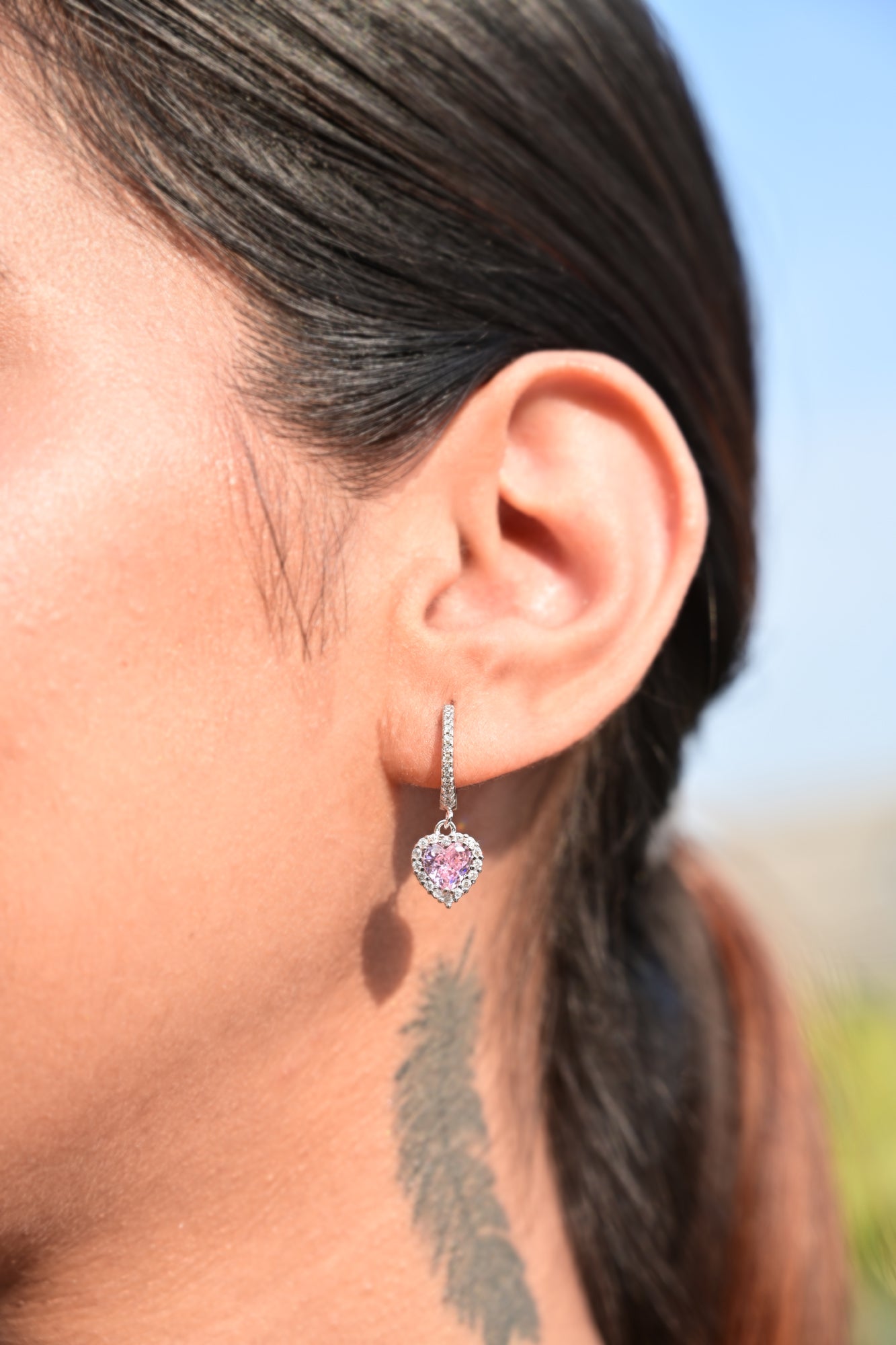 Pink Heart Solitaire Diamond Studded Hanging Earrings on Pure 925 Silver