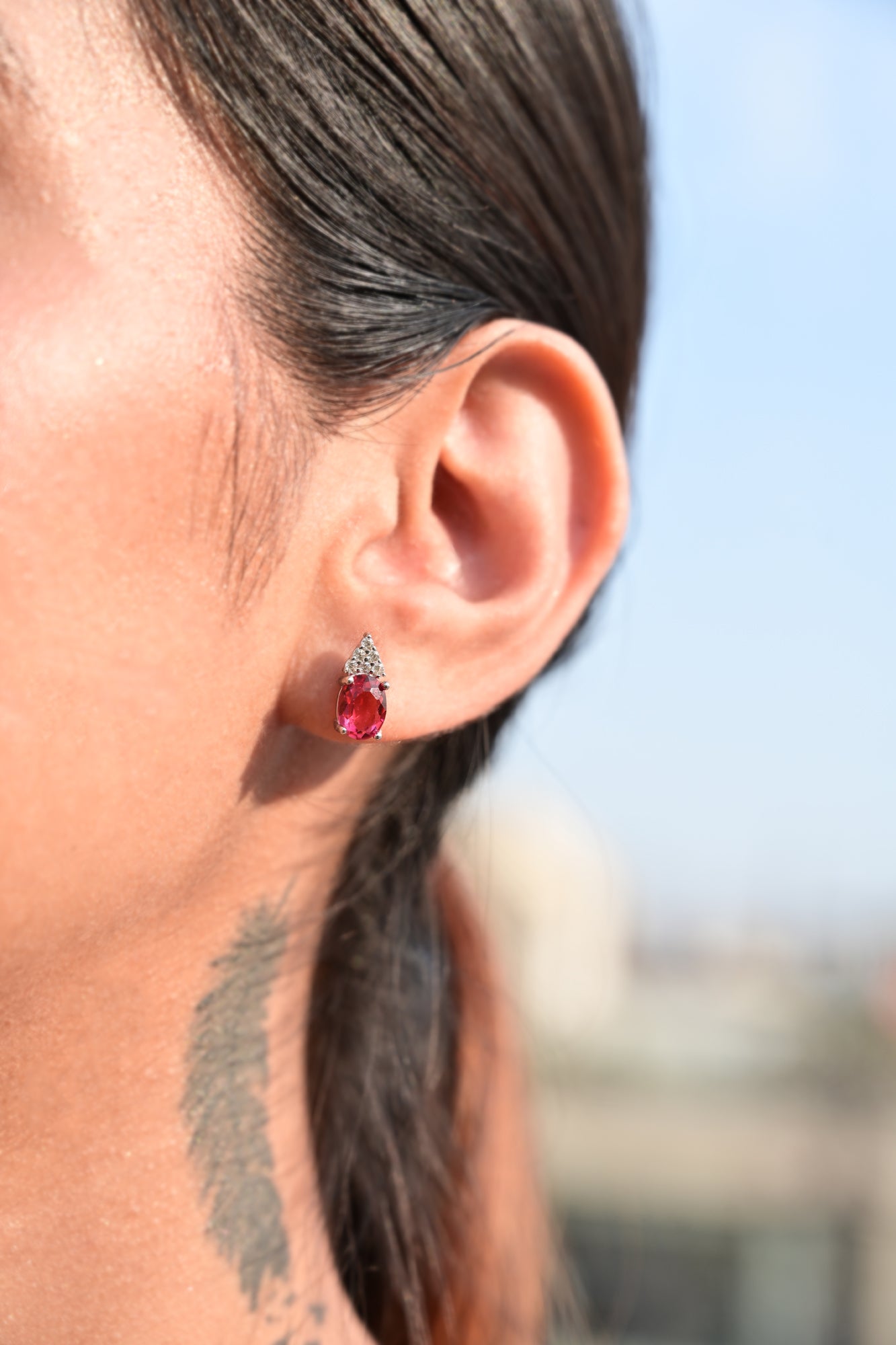 Oval Ruby Darvy Studs with American Diamonds on Pure 925 Silver