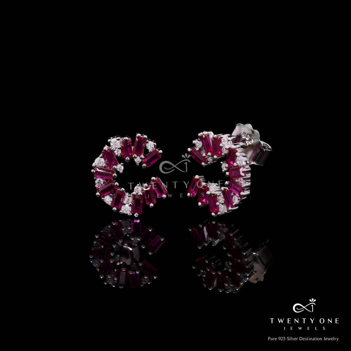Diamond Studded with Ruby Baguette Cali Stud on Pure 925 Silver