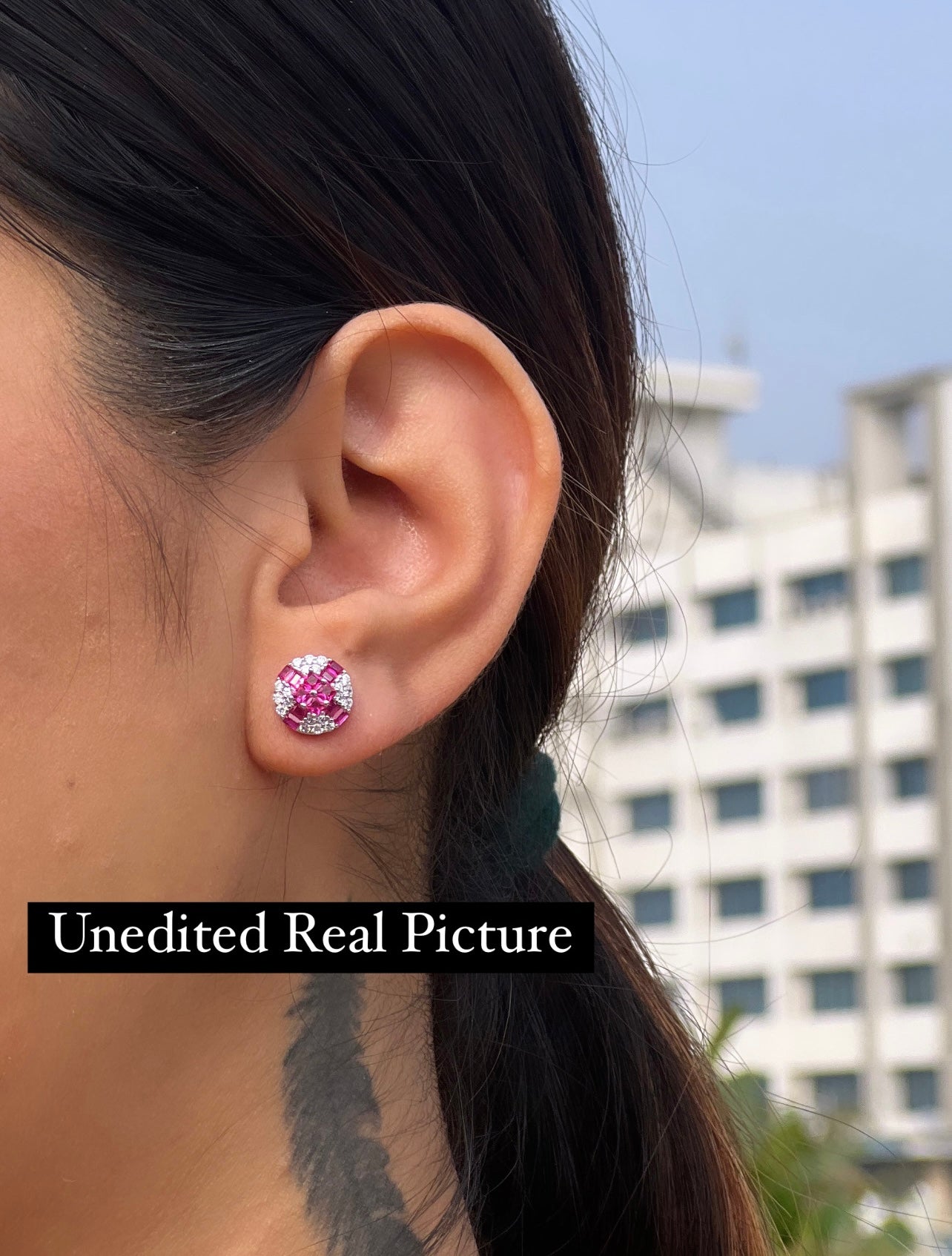 Diamond Studded With Ruby Baguette Clovia Studs On 925 Siver