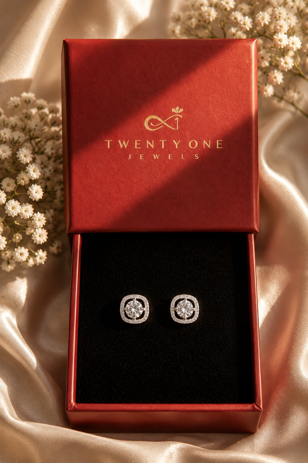 Premium Square Diamond Cluster Halo Studs with 1 Carat Centre Solitaire on Pure 925 Silver