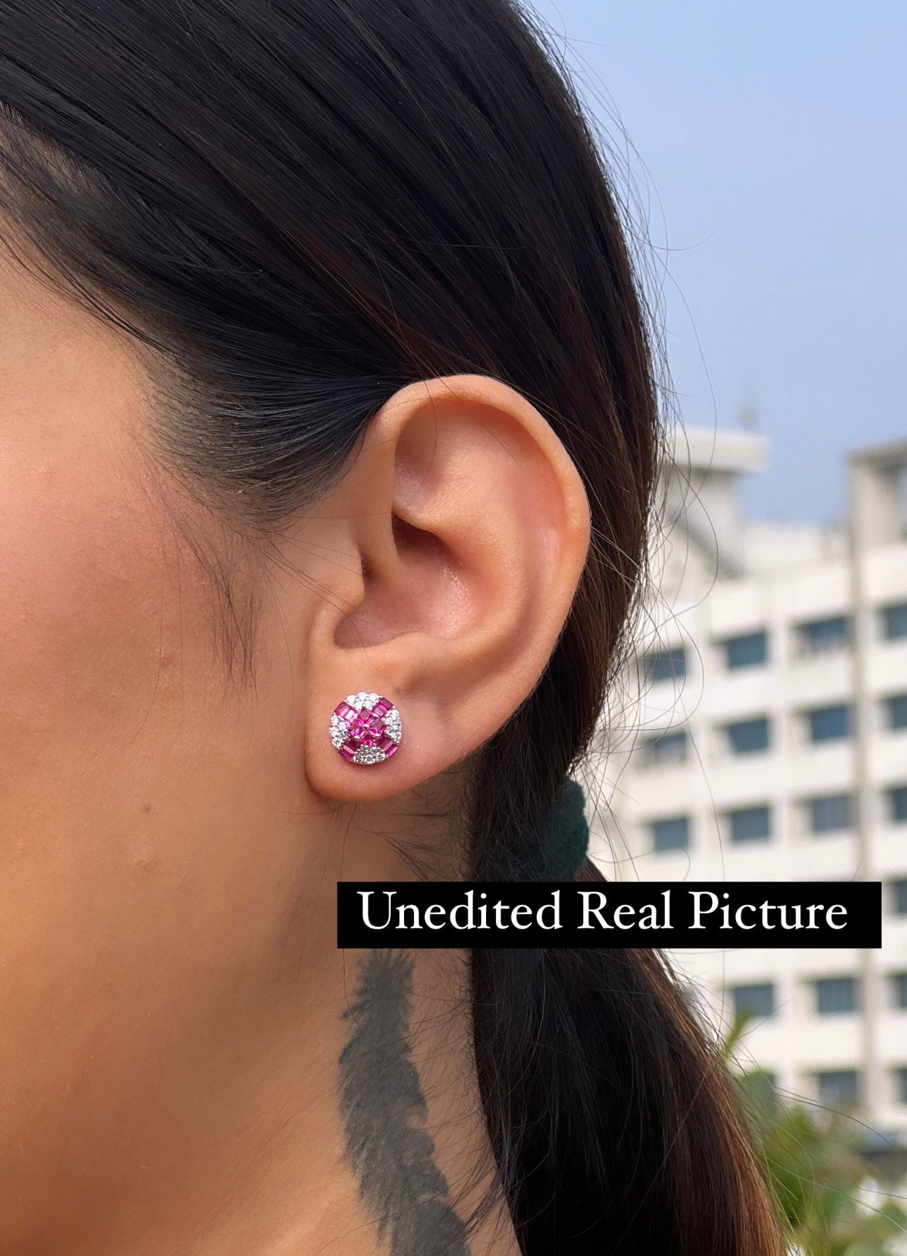 Diamond Studded With Ruby Baguette Clovia Studs On 925 Siver